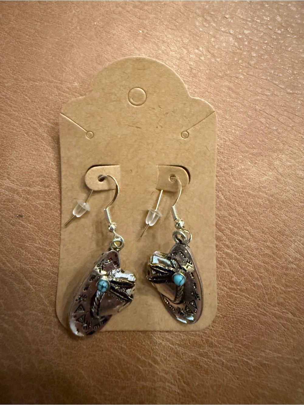 Western Turquoise Accent Silver Cowboy Hat Drop Earrings with 925 Sterling hook